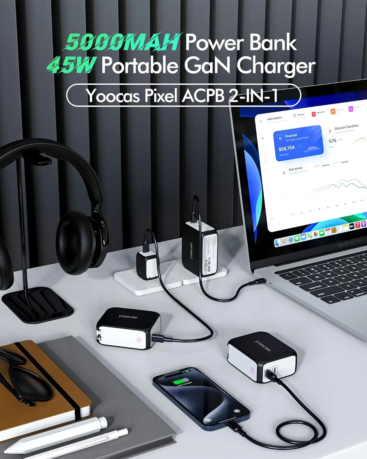 2-in-1 5000mAh Power Bank-45W Portable Charger yoocas