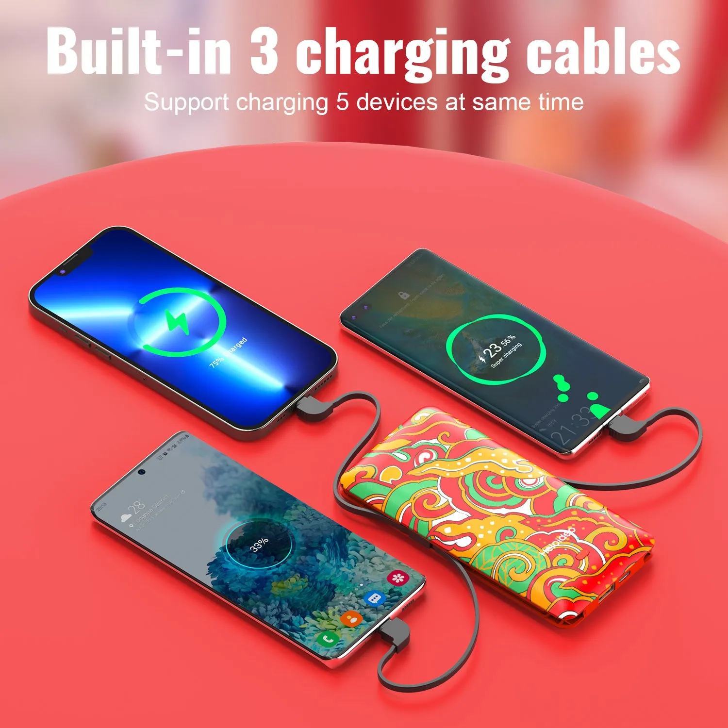 20W charger 10000mah Ultra-Slim AC plug Power Bank Charger built-in Lightning cable Micro Cable Type-c cable for iphone android phone Heloideo PB180