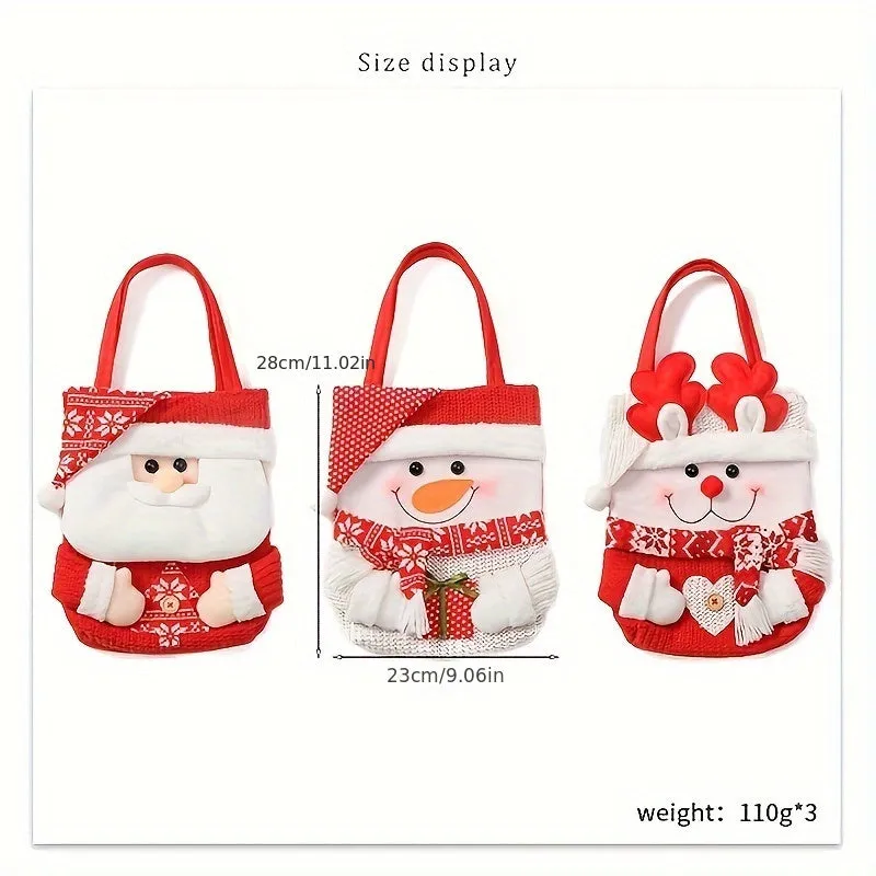 3PCS Christmas Gift Handbags - Christmas Eve Apple Bag Gift Bag - Flip Hat Cartoon Candy Bag, Christmas Theme Pattern - Large Capacity Christmas Handbag - Santa Claus, Snowman, Reindeer Combinations