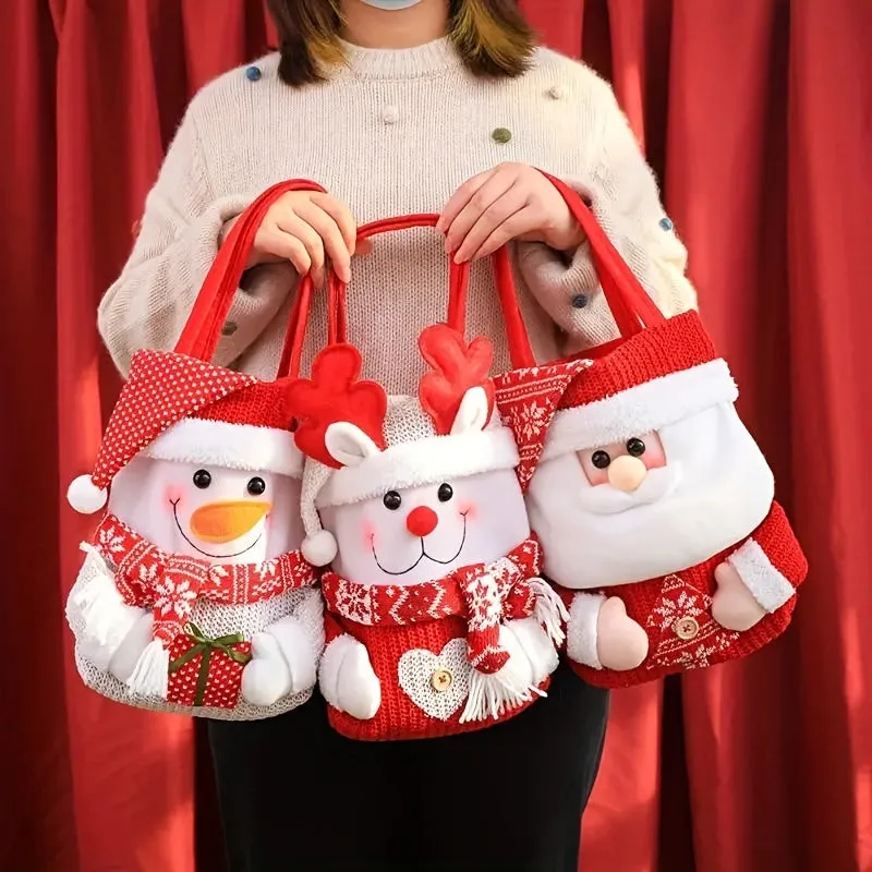 3PCS Christmas Gift Handbags - Christmas Eve Apple Bag Gift Bag - Flip Hat Cartoon Candy Bag, Christmas Theme Pattern - Large Capacity Christmas Handbag - Santa Claus, Snowman, Reindeer Combinations