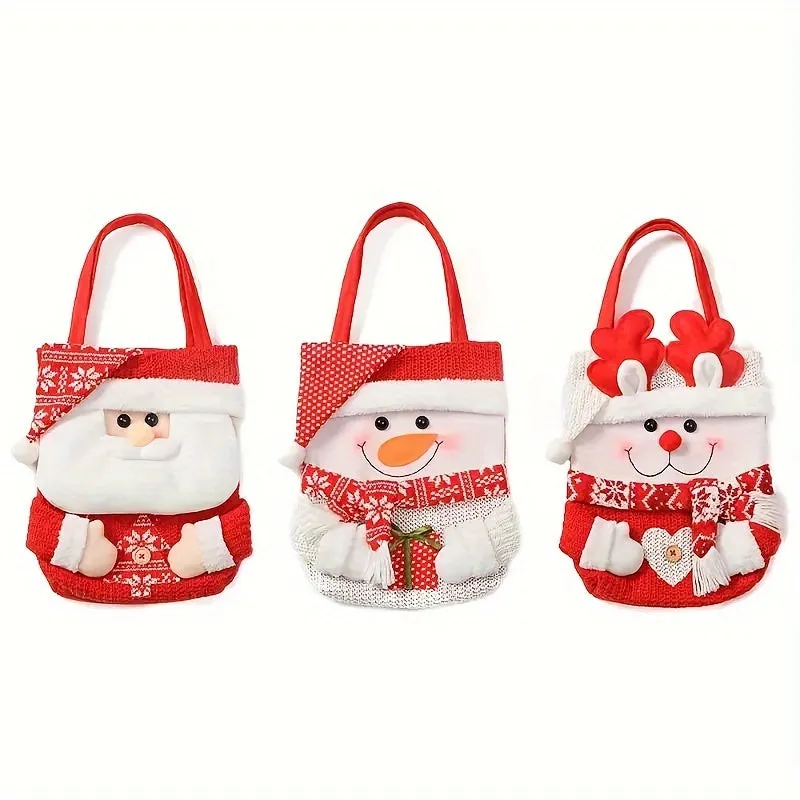 3PCS Christmas Gift Handbags - Christmas Eve Apple Bag Gift Bag - Flip Hat Cartoon Candy Bag, Christmas Theme Pattern - Large Capacity Christmas Handbag - Santa Claus, Snowman, Reindeer Combinations