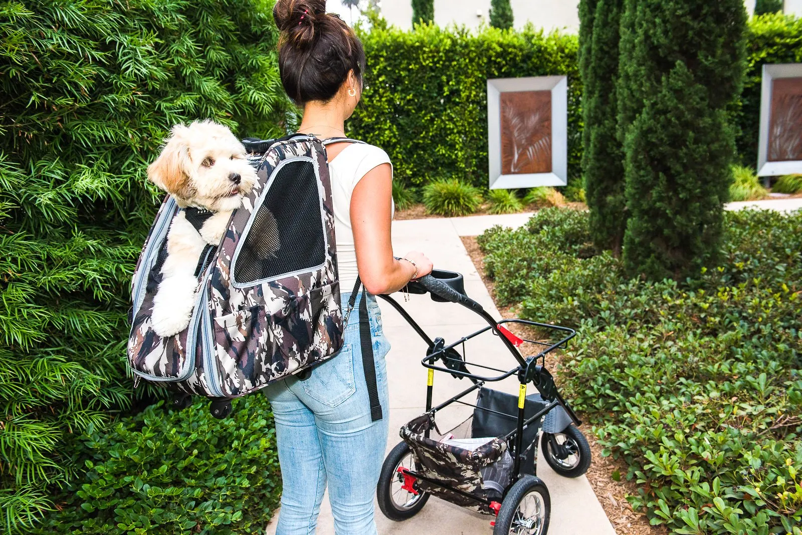 5-in-1 Complete Travel System with PET CARRIER and PET STROLLER, Stainless Steel Shock Absorption Bike Tires, Sturdy, Lightweight, Large Storage Basket, Supports pets up to 25LBS