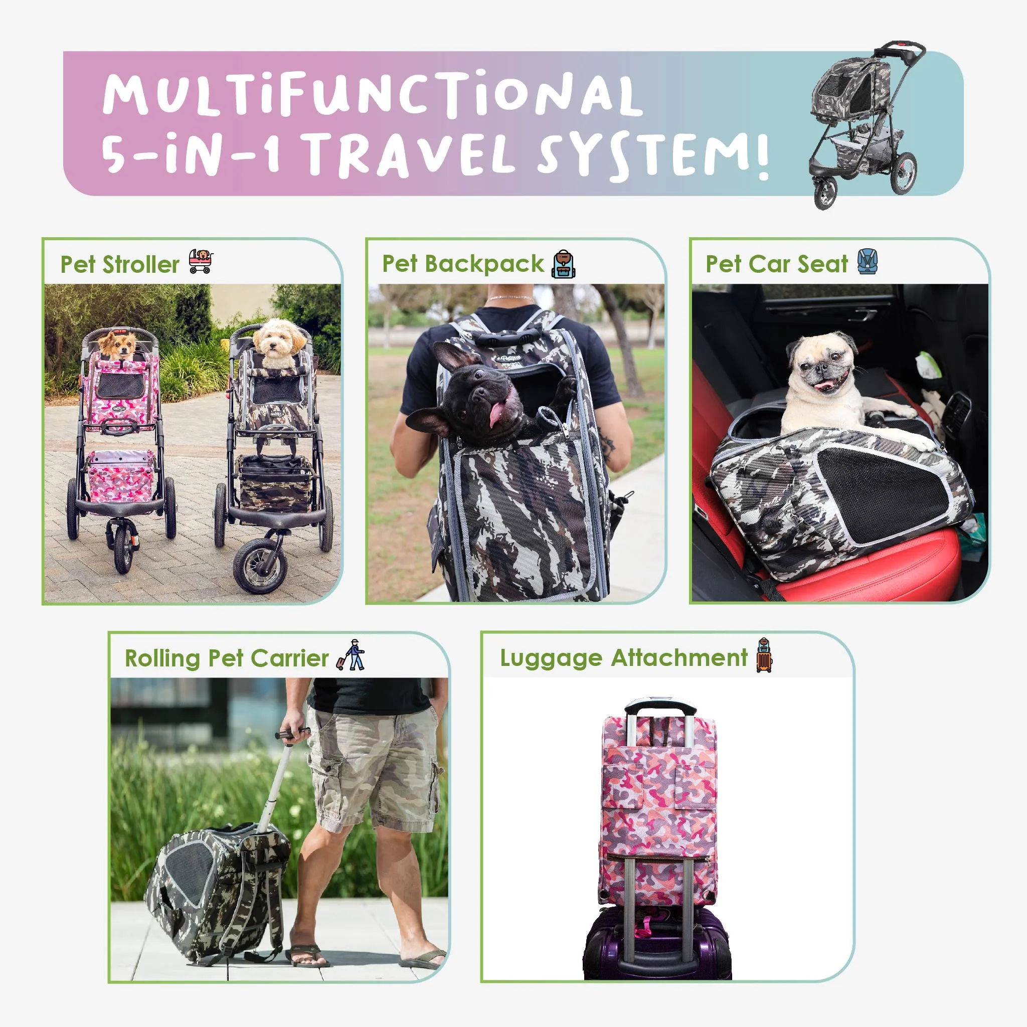 5-in-1 Complete Travel System with PET CARRIER and PET STROLLER, Stainless Steel Shock Absorption Bike Tires, Sturdy, Lightweight, Large Storage Basket, Supports pets up to 25LBS