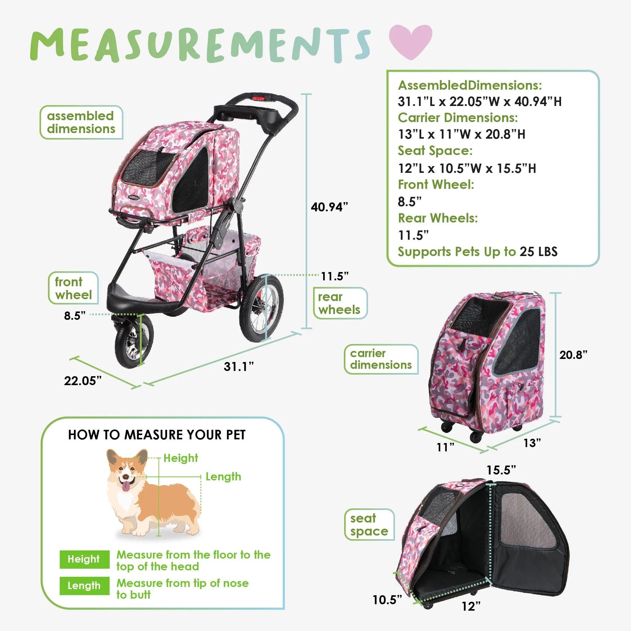 5-in-1 Complete Travel System with PET CARRIER and PET STROLLER, Stainless Steel Shock Absorption Bike Tires, Sturdy, Lightweight, Large Storage Basket, Supports pets up to 25LBS