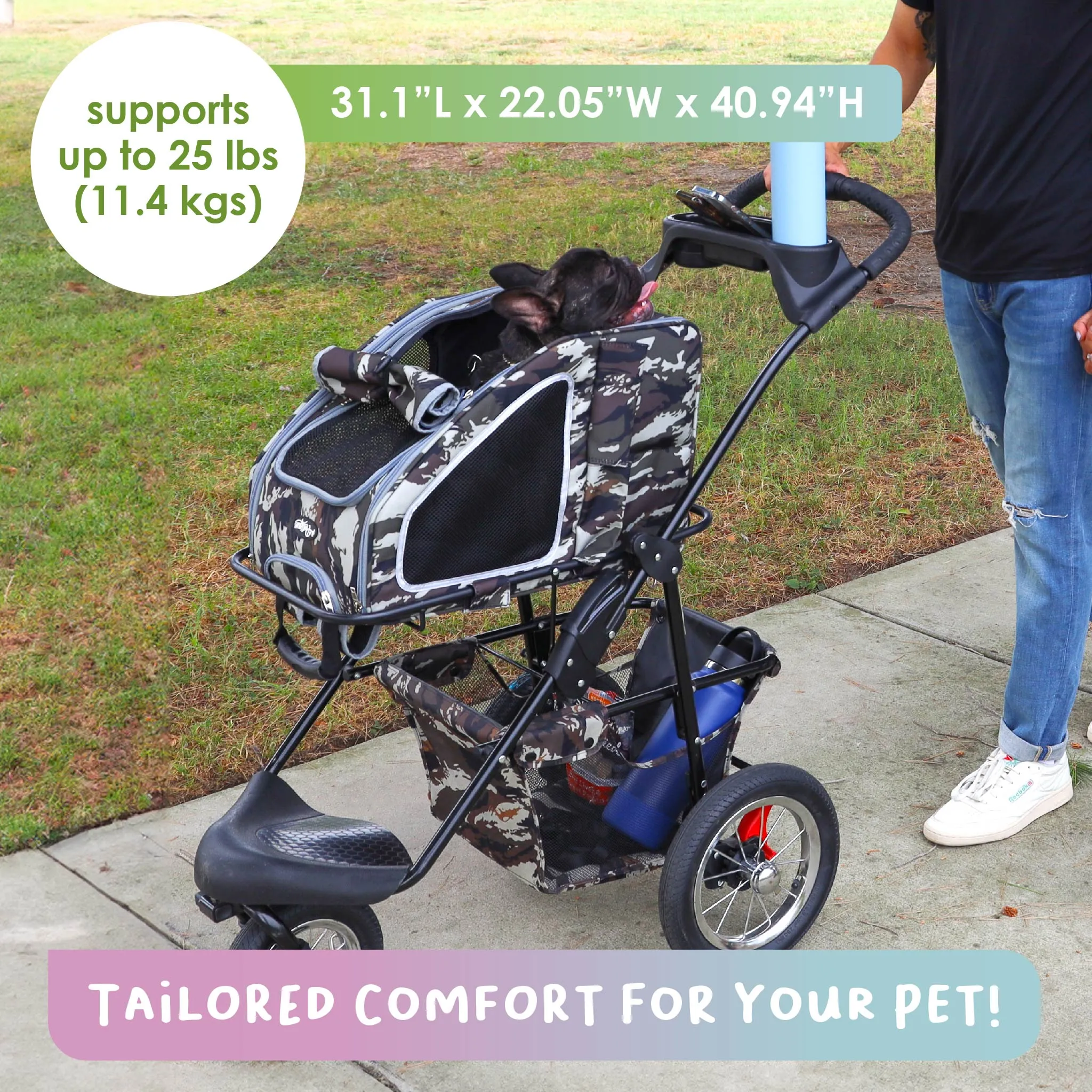 5-in-1 Complete Travel System with PET CARRIER and PET STROLLER, Stainless Steel Shock Absorption Bike Tires, Sturdy, Lightweight, Large Storage Basket, Supports pets up to 25LBS