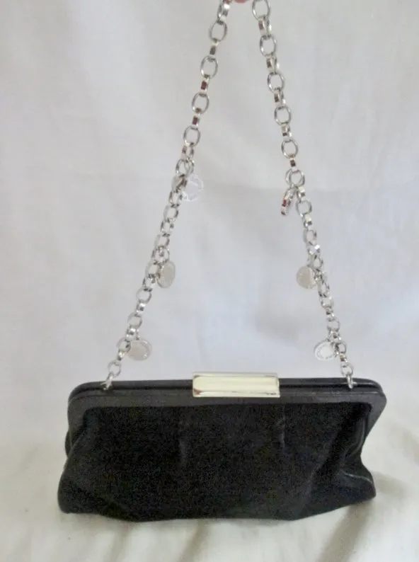 ADRIENNE VITTADINI SUEDE LEATHER shoulder bag purse evening Clutch BLACK Chainlink