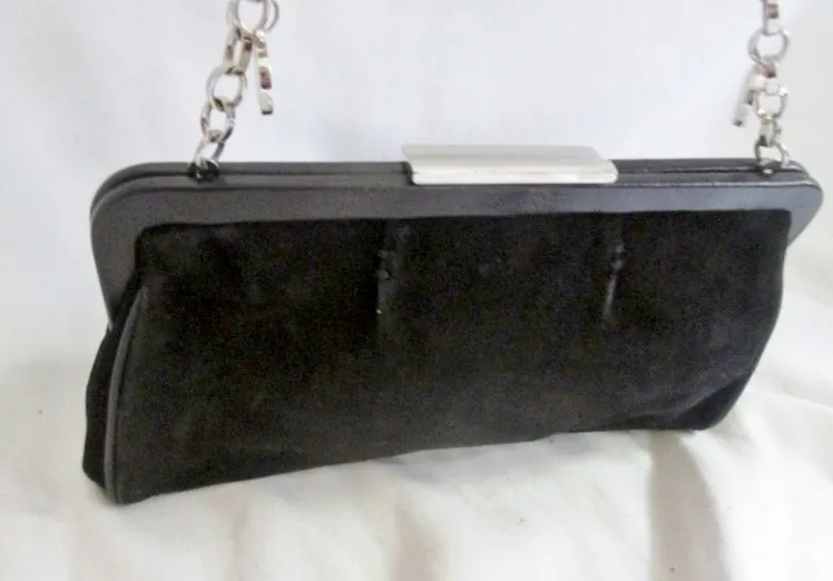 ADRIENNE VITTADINI SUEDE LEATHER shoulder bag purse evening Clutch BLACK Chainlink