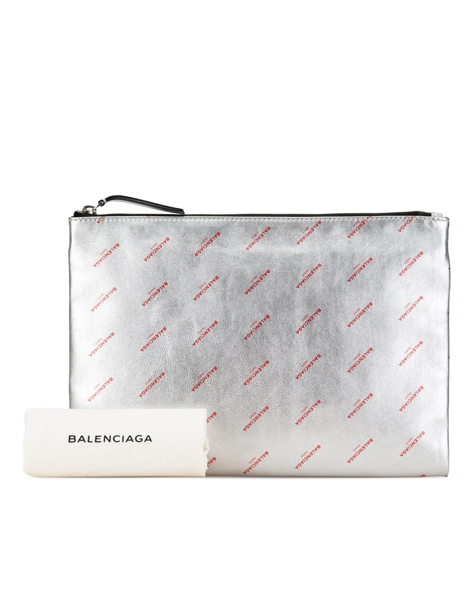 Allover Logo Leather Clutch with Metallic Finish and Top Zip Closure