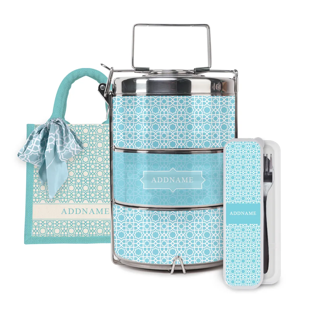 Annas Series - Sky Blue Half Lining Lunch Bag, Tiffin Carrier and Cutlery Set