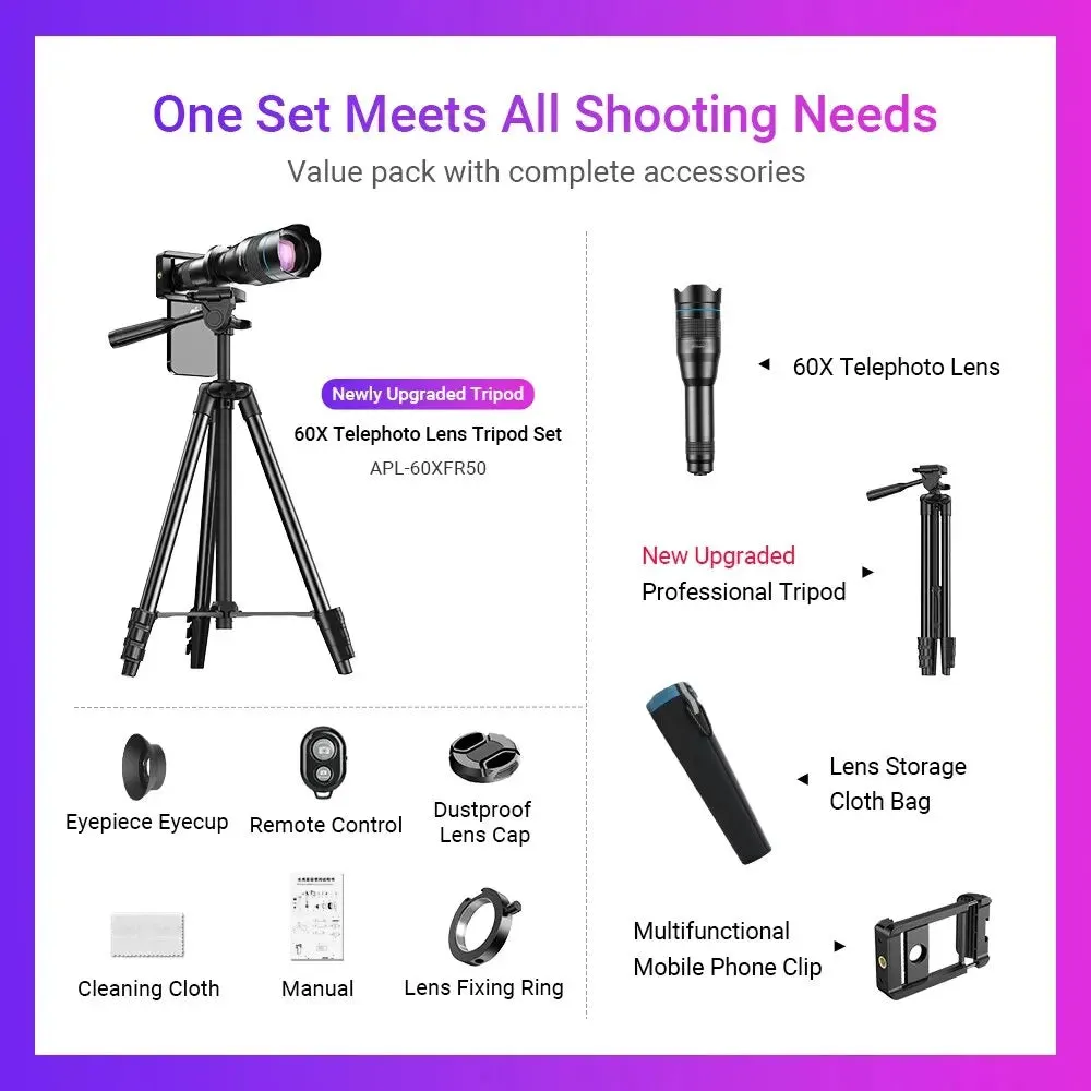 APEXEL 60X Mobile Phone Telescope Lens Astronomical Telephoto Zoom Lens With Extendable Tripod for iPhone Samsung All Smartphone