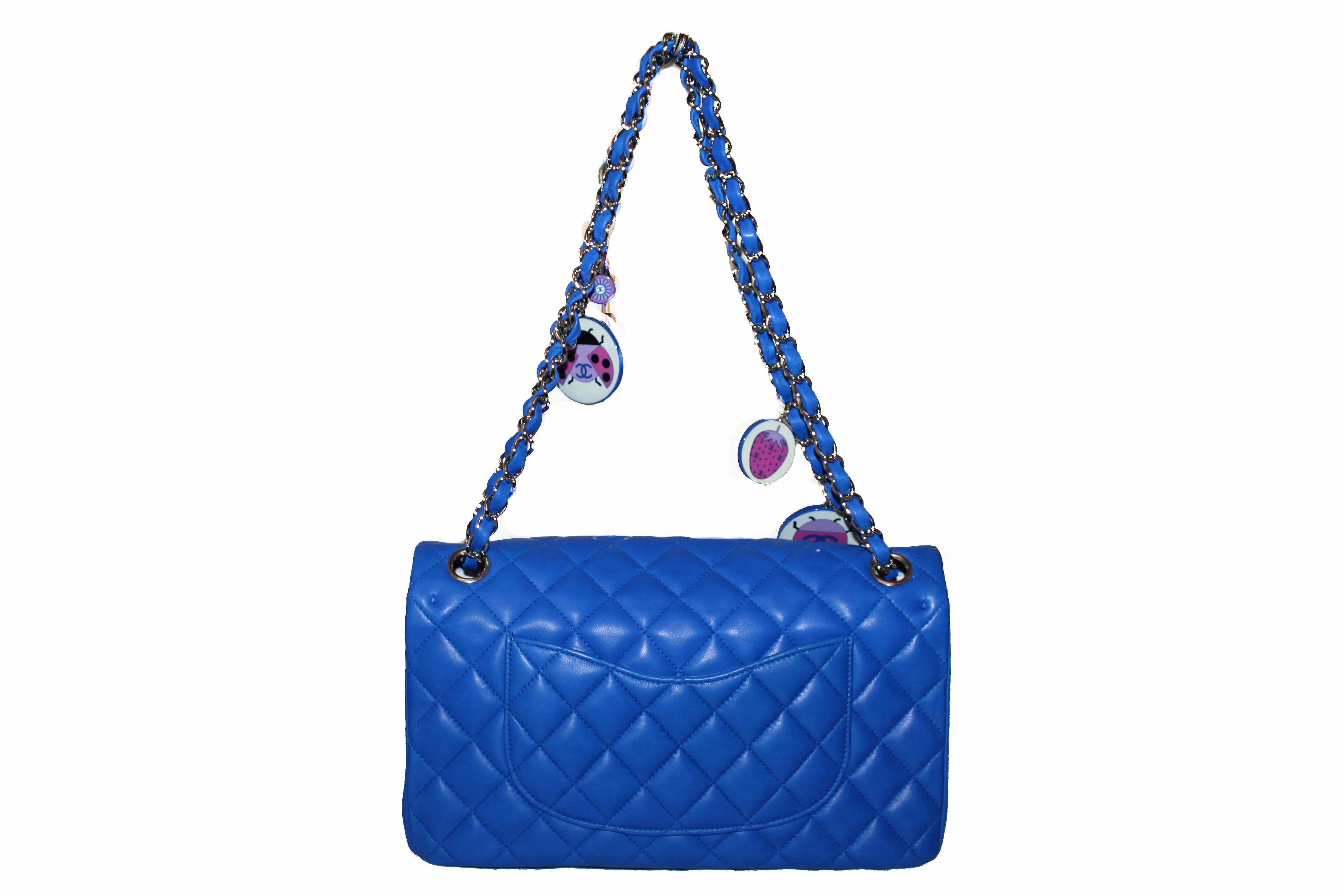 Authentic New Chanel Electric Blue Lambskin Quilted Leather Charrm Medium Classic Shoulder Bag