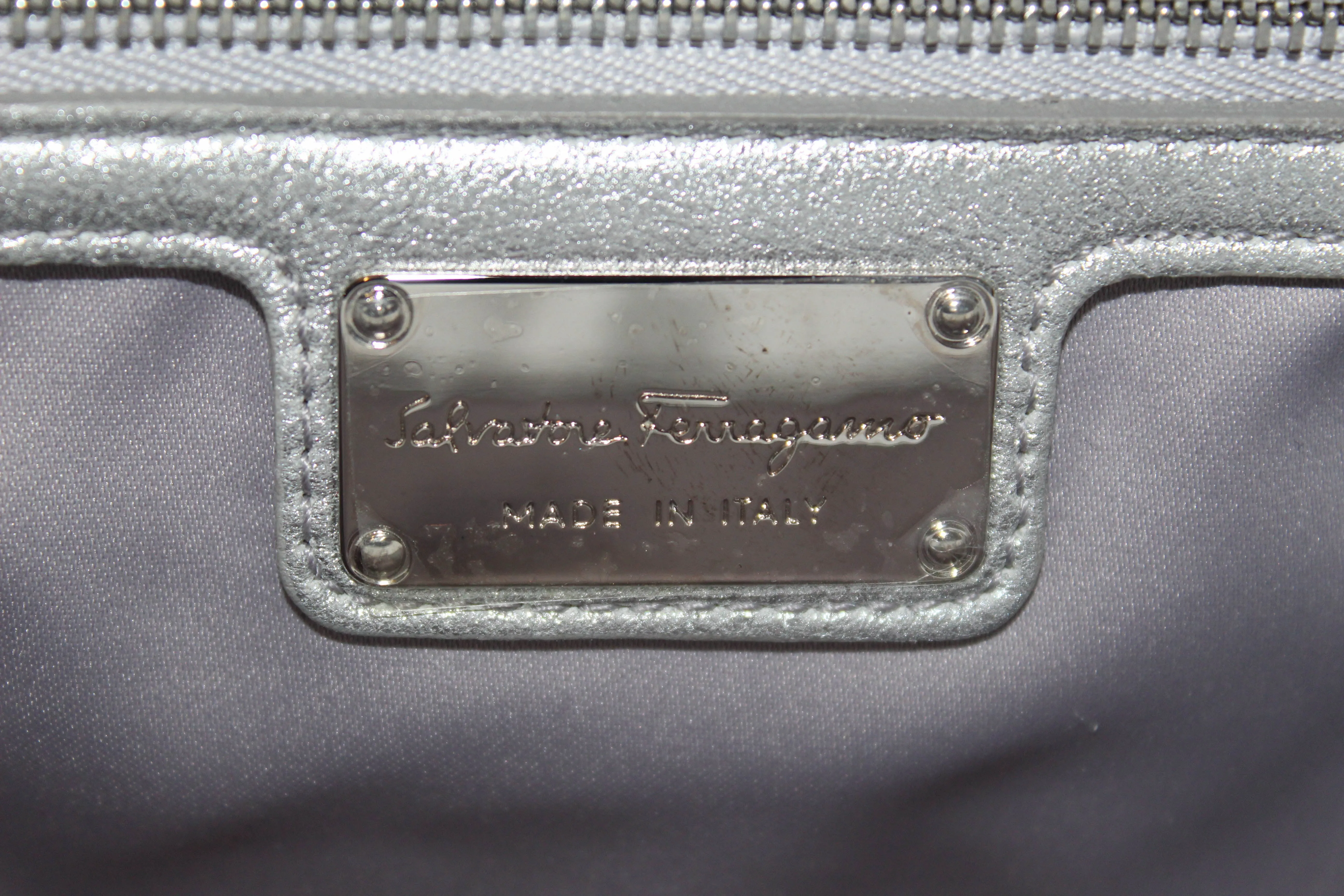 Authentic Salvatore Ferragamo Metallic Silver Tweed & Leather Clutch with Silver Chain Bag AU-21/G193