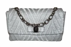 Authentic Salvatore Ferragamo Metallic Silver Tweed & Leather Clutch with Silver Chain Bag AU-21/G193