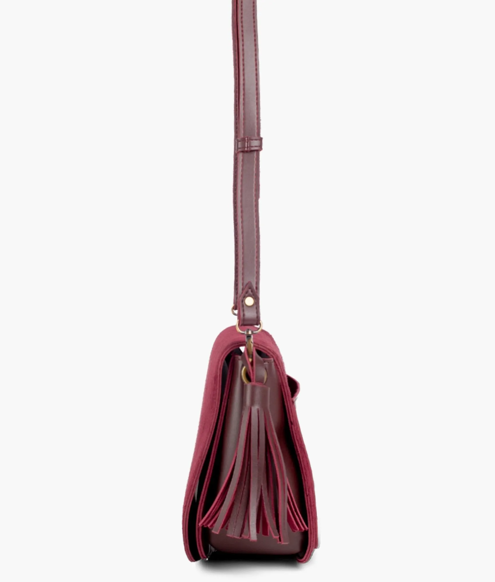 Burgundy suede foldover saddle bag