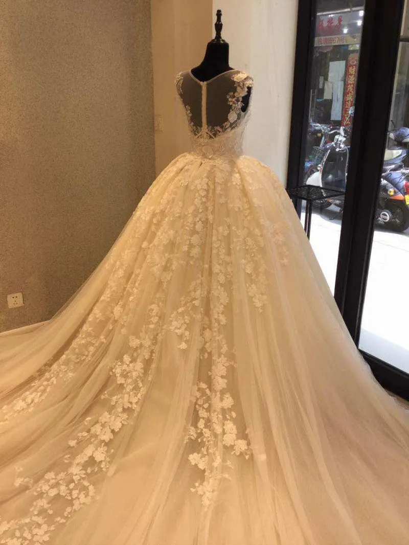 Cap Sleeve Charming Applique Tulle Long Wedding Dresses, WG1228