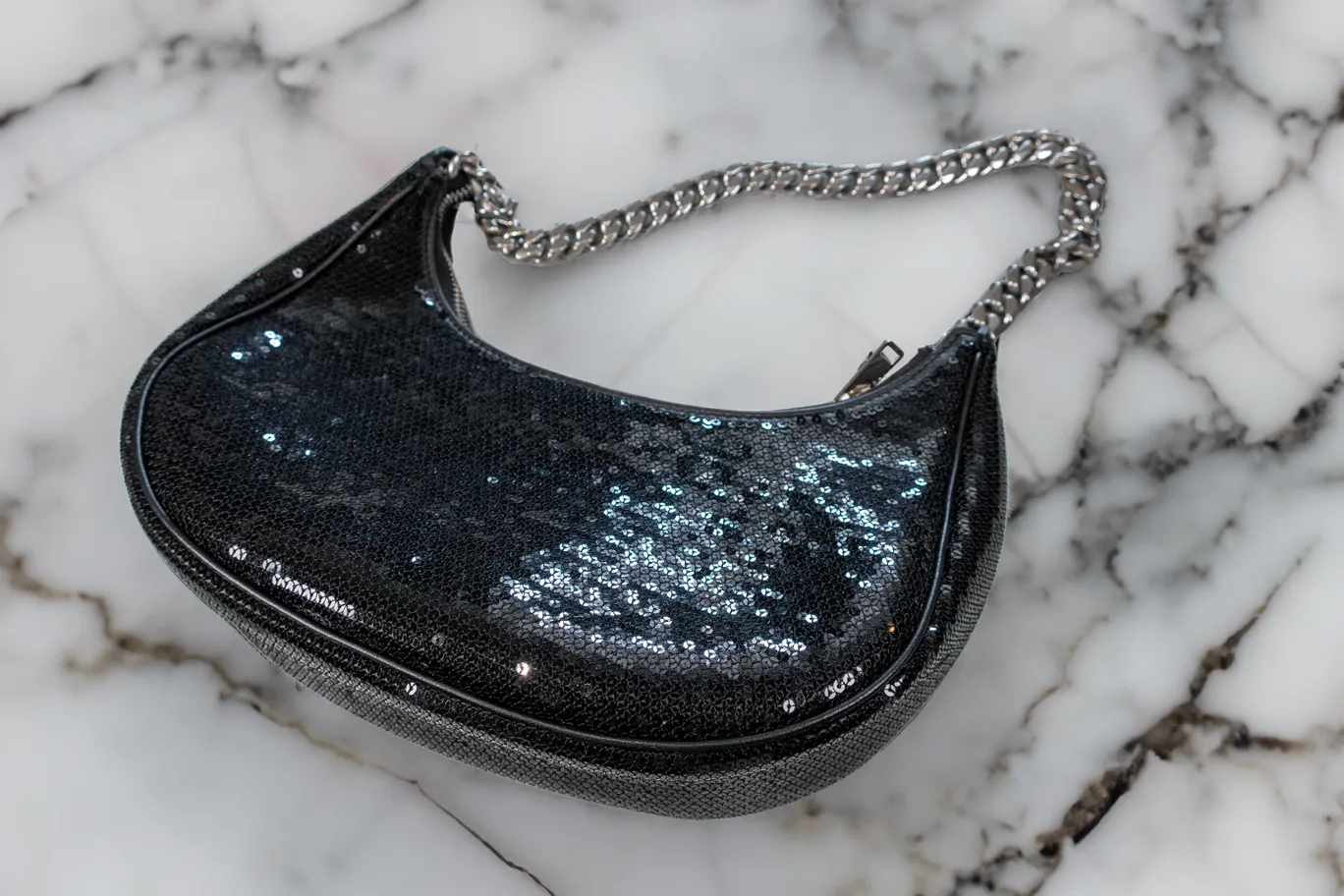 Celine Sequin Medium Chain Ava Black Shoulder Bag