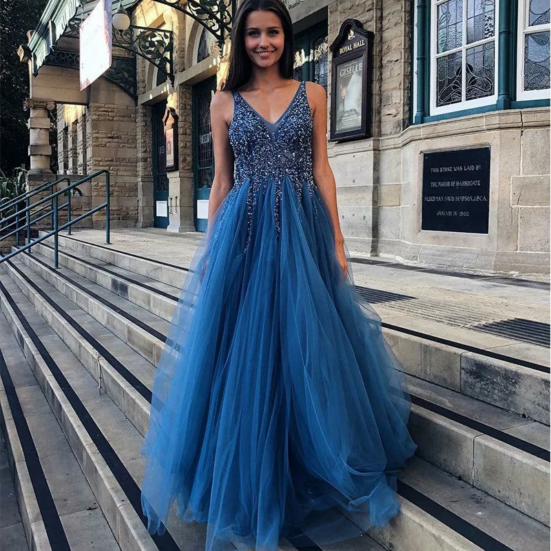 Charming A-Line V-neck Backless Floor-Length Blue Prom Dresses with Beading, TYP1434