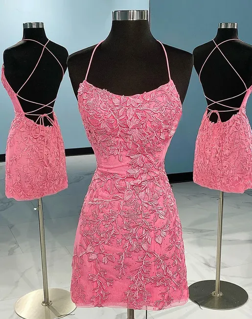 Charming Lace Appliqued Criss-Cross Short Homecoming Dresses, HD0187