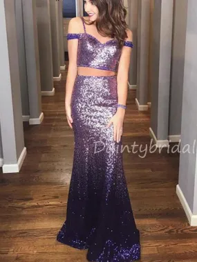 Charming Mermaid Sequin Two-piece Long Prom Dresses Evening Dresses.DB10555