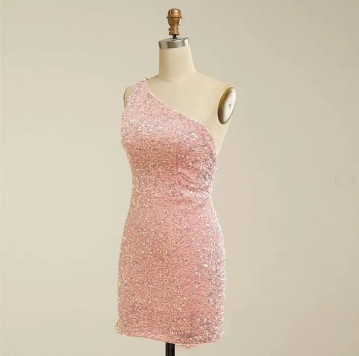 Charming Pink Sequin One Shoulder Backless Short Homecoming Dresses, HD0186