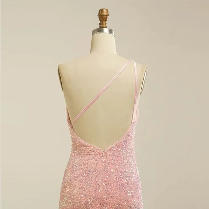 Charming Pink Sequin One Shoulder Backless Short Homecoming Dresses, HD0186