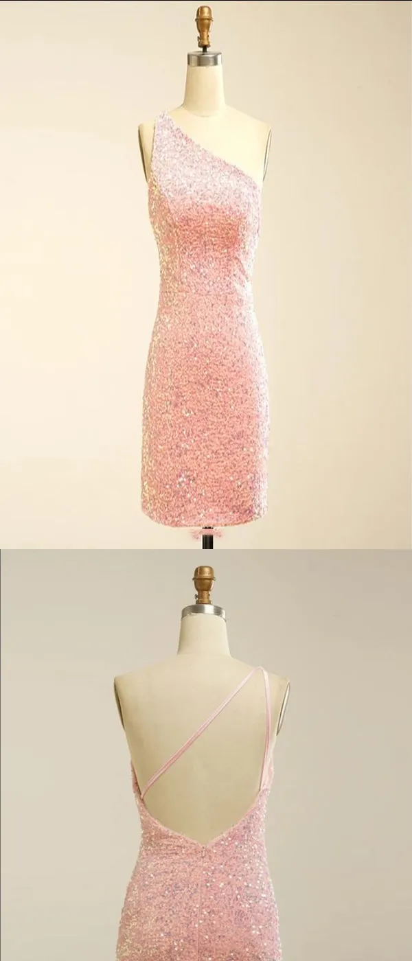 Charming Pink Sequin One Shoulder Backless Short Homecoming Dresses, HD0186