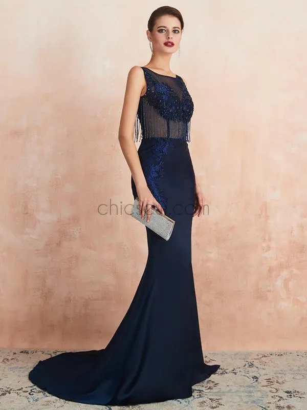 Charming Round Neck Mermaid Jersey Appliques Backless Prom Dress, YKX081