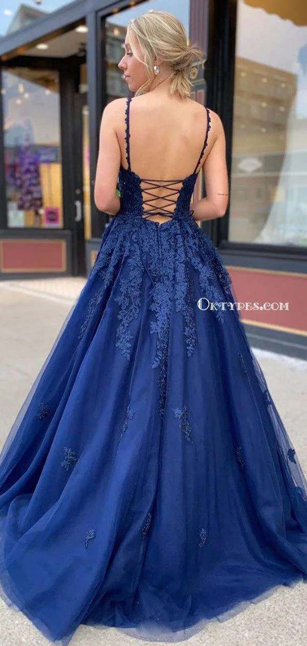 Charming Royal Blue Spaghetti Strap Lace Tulle Backless Side Slit A-line Long Cheap Prom Dresses, PDS0083