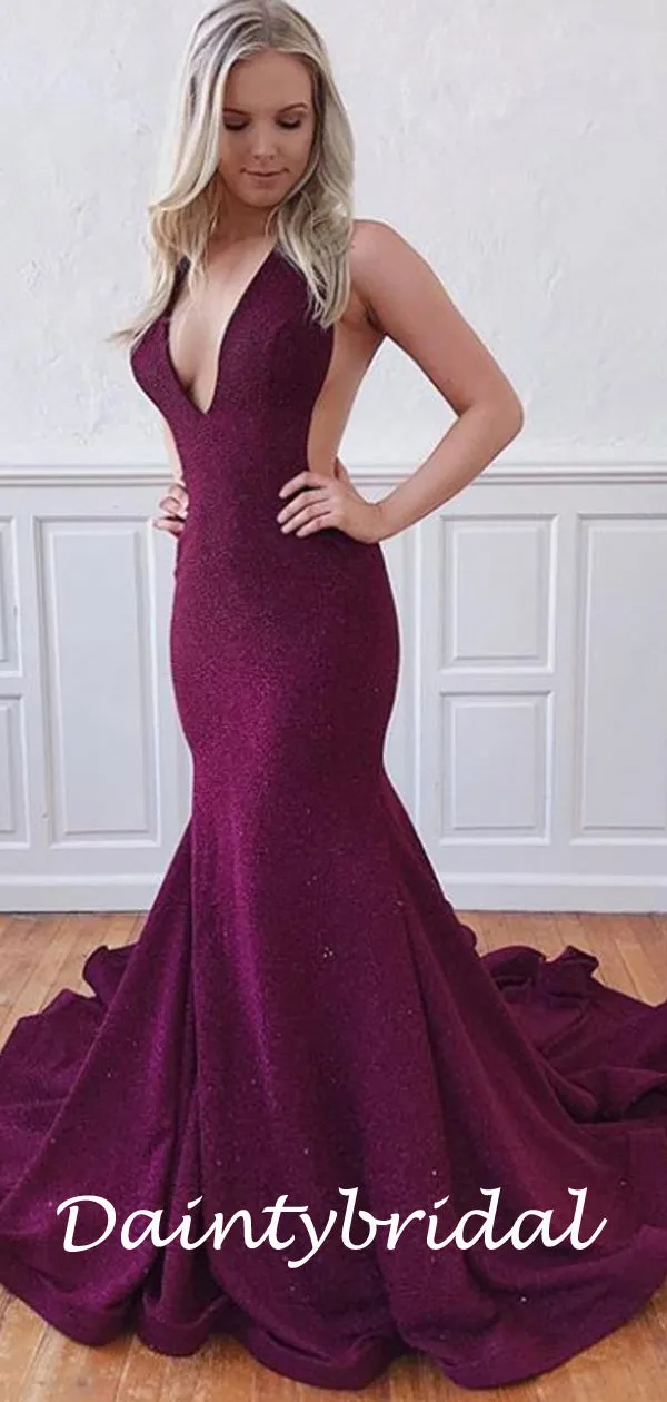 Charming V-neck Mermaid Satin Long Prom Dresses.DB10812