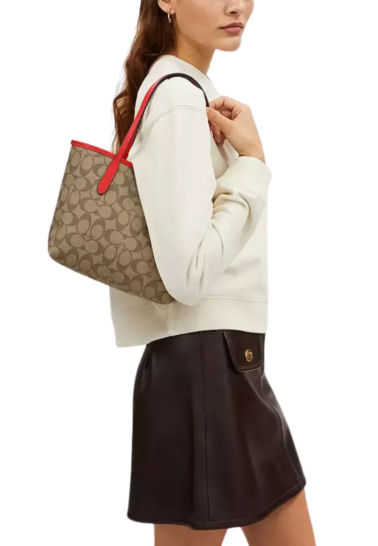 Coach Mini City Tote Bag In Signature Canvas In Khaki Miami Red CN733