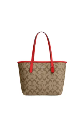 Coach Mini City Tote Bag In Signature Canvas In Khaki Miami Red CN733