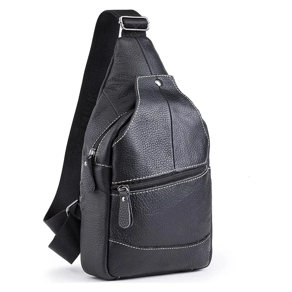 Dazzlo Genuine Leather Shoulder Sling Backpack Bag - Unisex Outdoor Crossbody Sling Pack - Black/Coffee