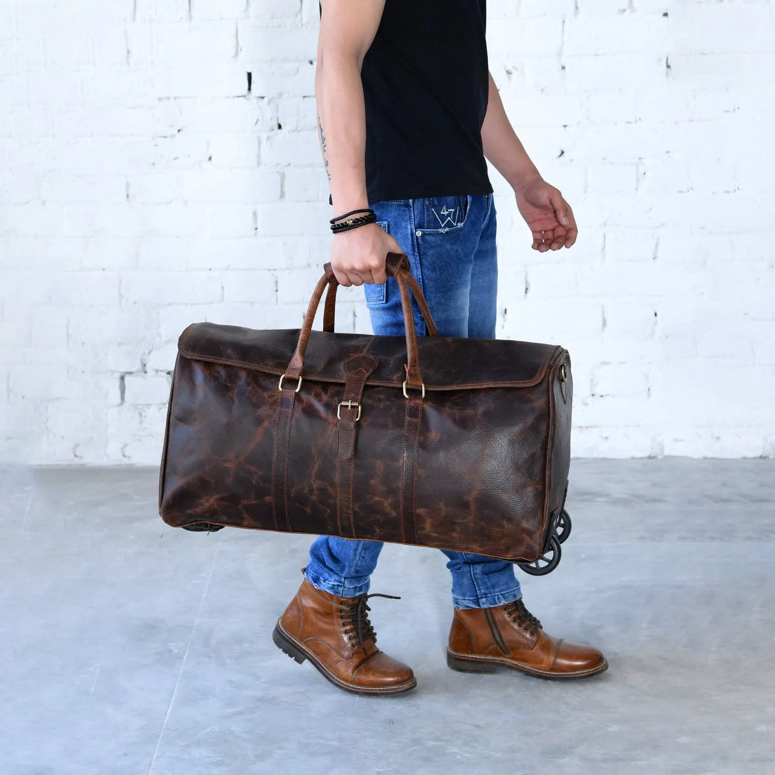 Dazzlo Handmade Leather Trolley Travel Duffel Bag - 24" - Classic Brown