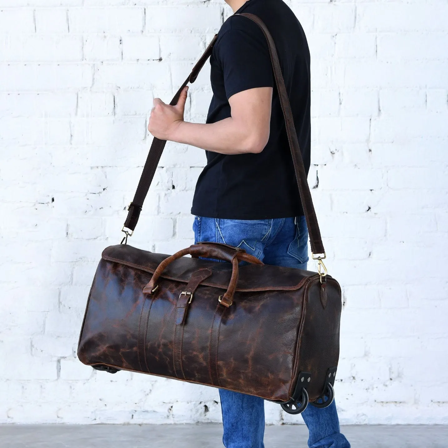 Dazzlo Handmade Leather Trolley Travel Duffel Bag - 24" - Classic Brown