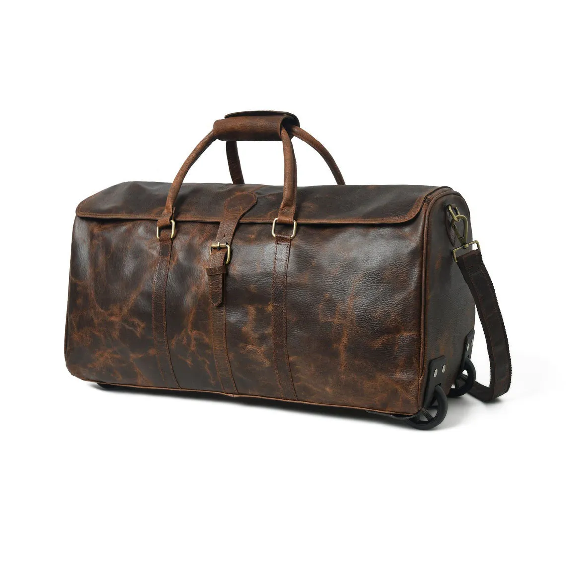 Dazzlo Handmade Leather Trolley Travel Duffel Bag - 24" - Classic Brown