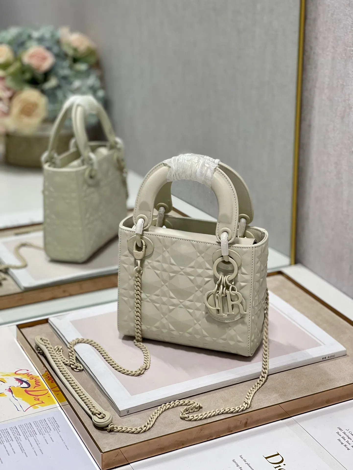 DI Mini Lady Bag Latte Cannage with Beaded Motif, Beige, For Women Women’s Handbags, Crossbody Bags, 18cm CD M0505INEA_M030