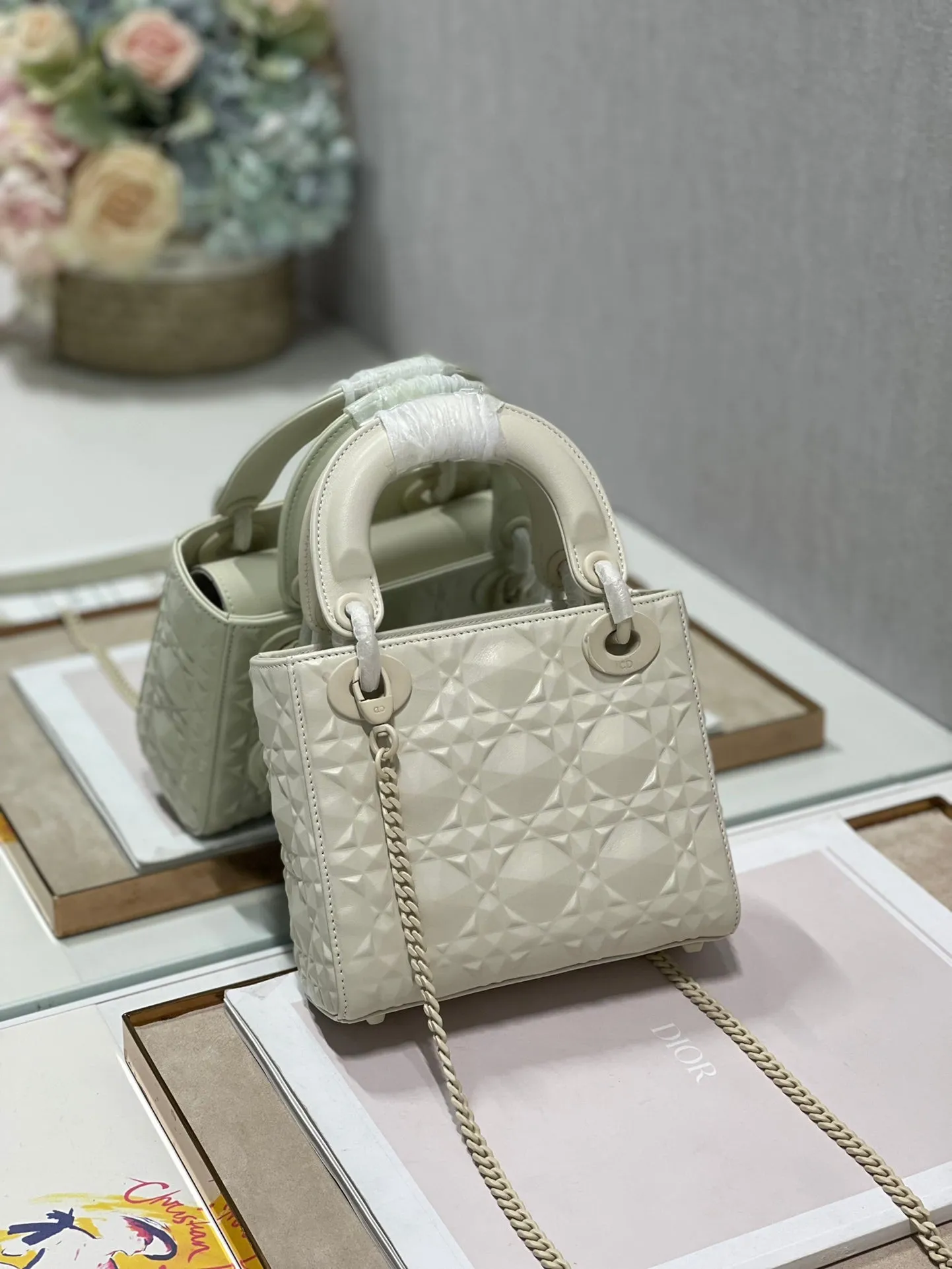 DI Mini Lady Bag Latte Cannage with Beaded Motif, Beige, For Women Women’s Handbags, Crossbody Bags, 18cm CD M0505INEA_M030