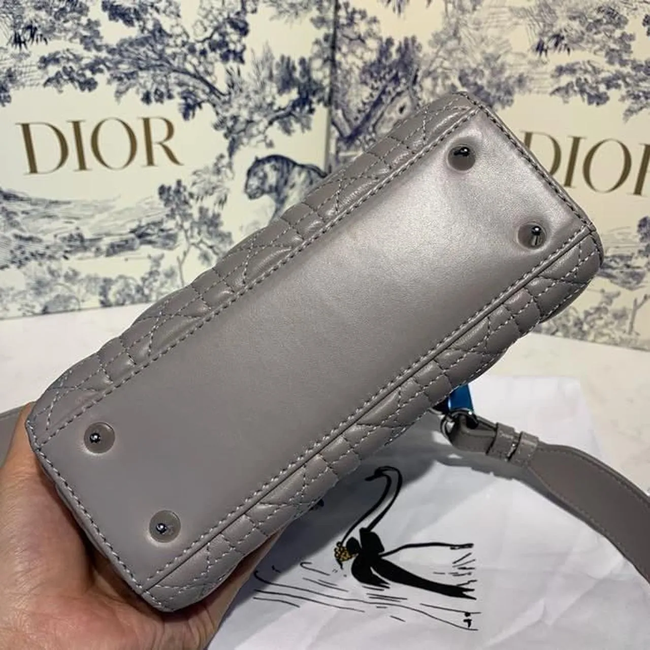 DI Small Lady Bag Silver Hardware with Embellished Bag Strap Grey For Women 8in/20cm CD