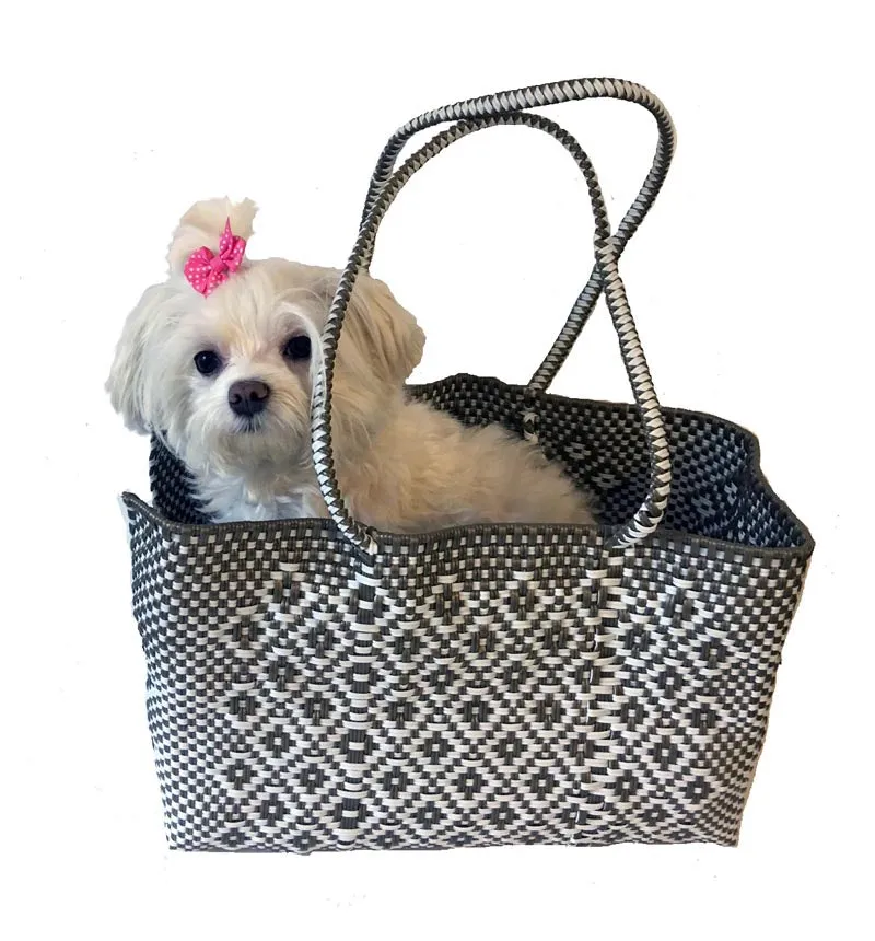 Dog Totes-Handwoven Light Weight Recycled Material-Khaki   White