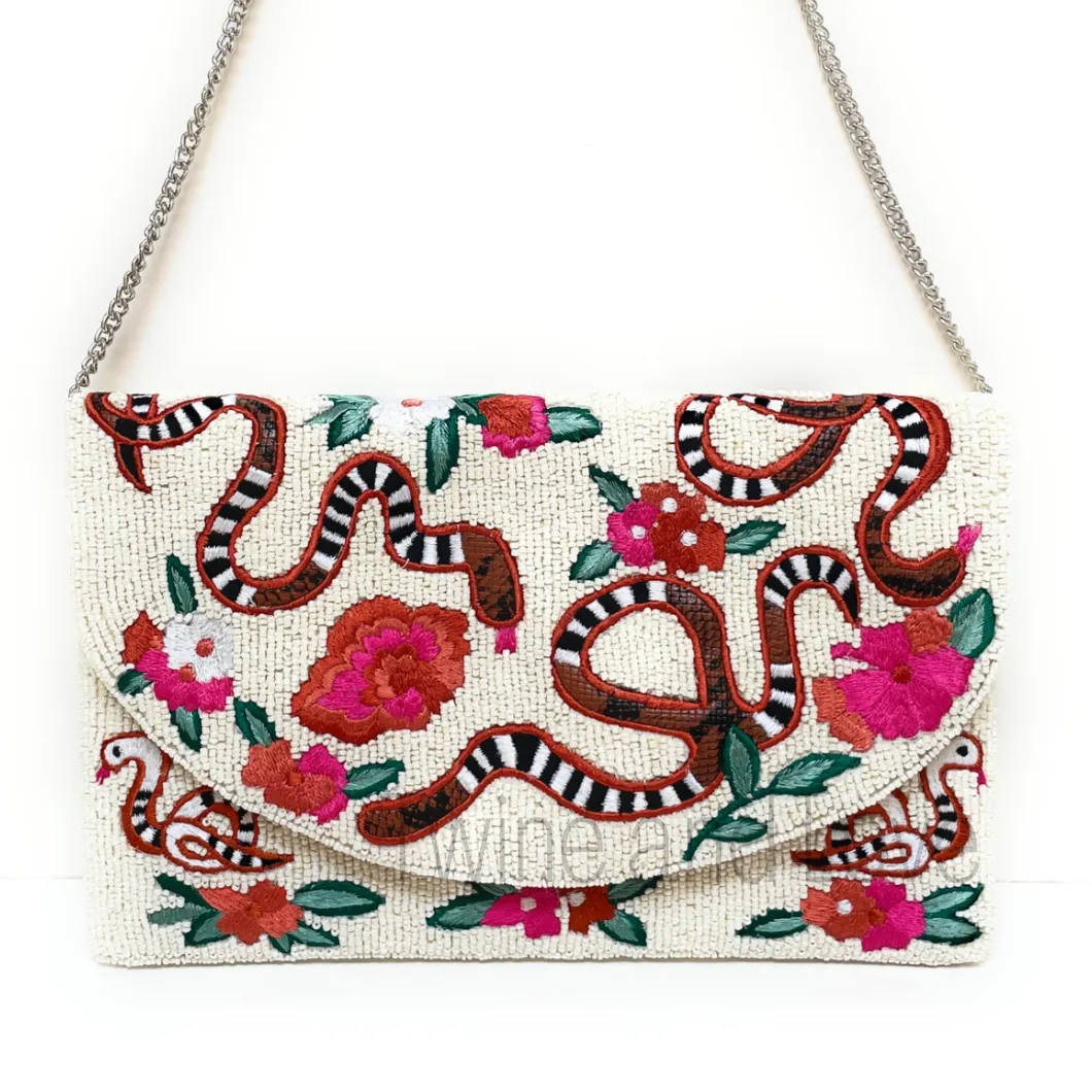 Floral and Snake Beaded Clutch Purse