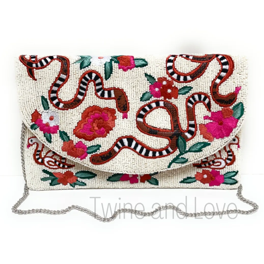 Floral and Snake Beaded Clutch Purse