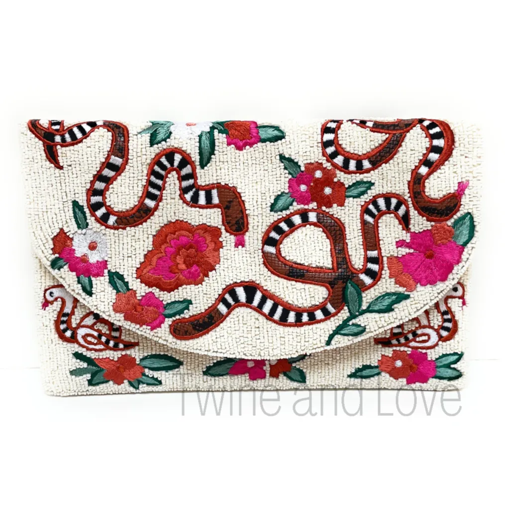 Floral and Snake Beaded Clutch Purse