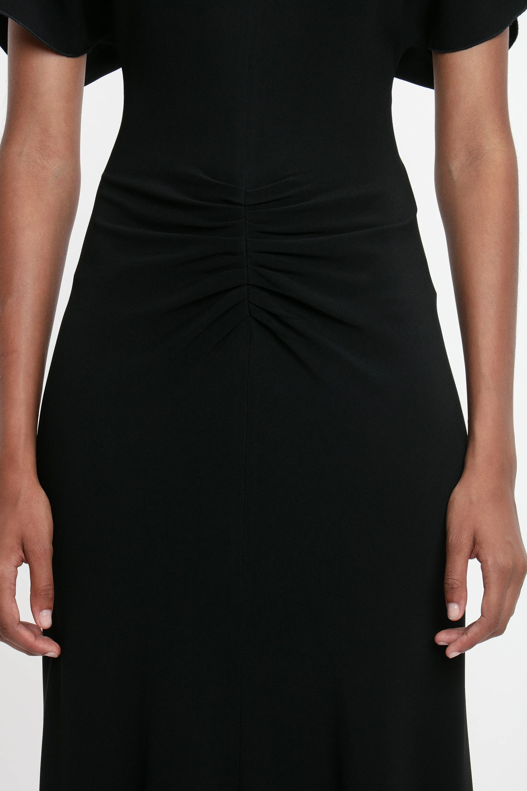 Gathered Waist Midi Dress In Black