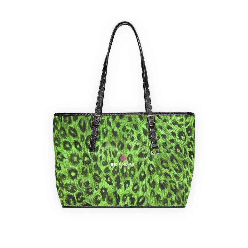 Green Leopard Tote Bag, Animal Print PU Leather Shoulder Hand Work Bag 17"x11"/ 16"x10"