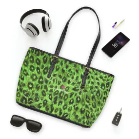 Green Leopard Tote Bag, Animal Print PU Leather Shoulder Hand Work Bag 17"x11"/ 16"x10"