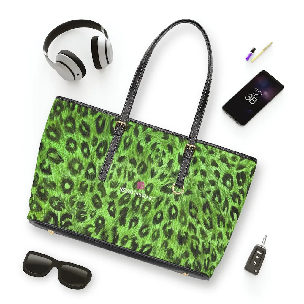 Green Leopard Tote Bag, Animal Print PU Leather Shoulder Hand Work Bag 17"x11"/ 16"x10"