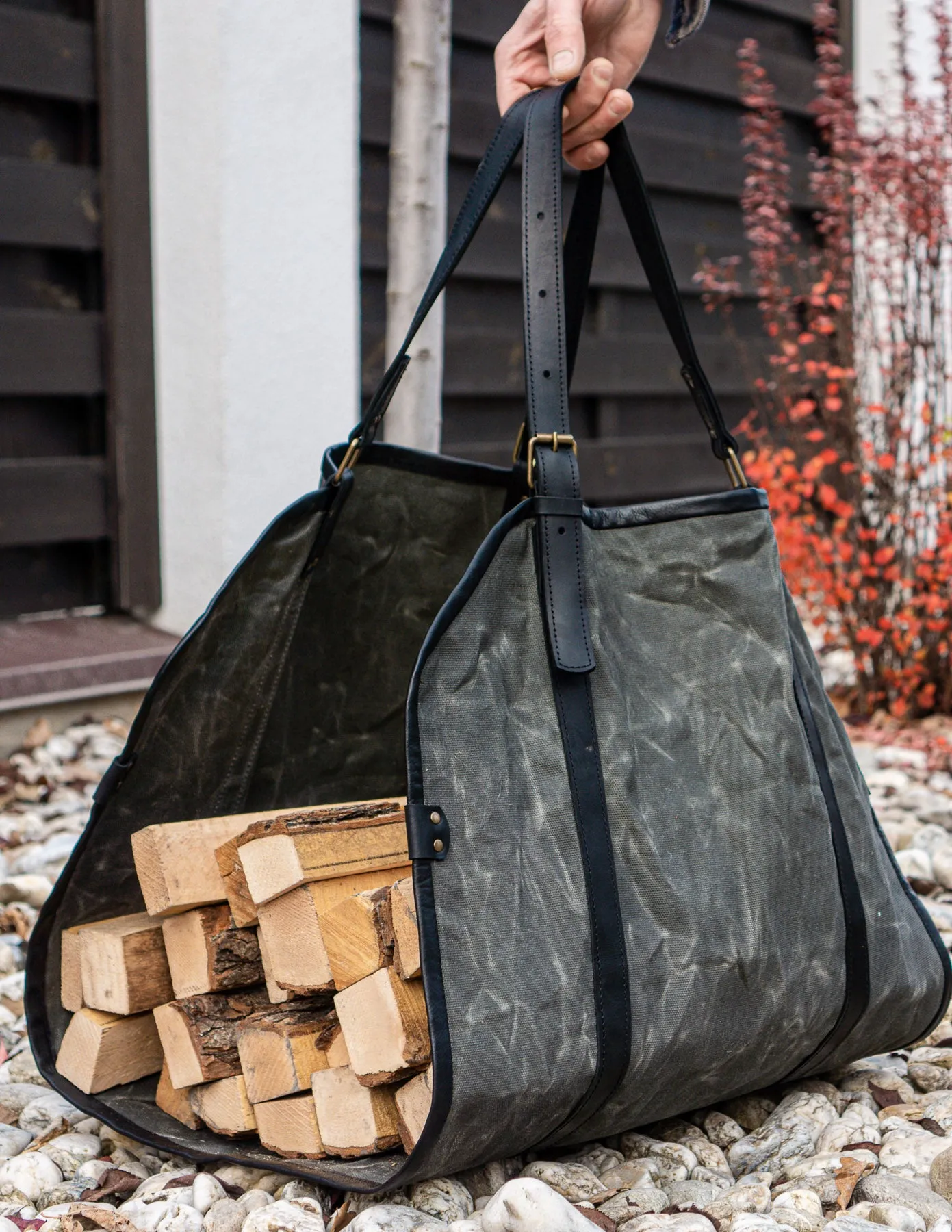 Grey Log Carrier | Waxed Canvas Firewood Carrier | Personalised Gift for men