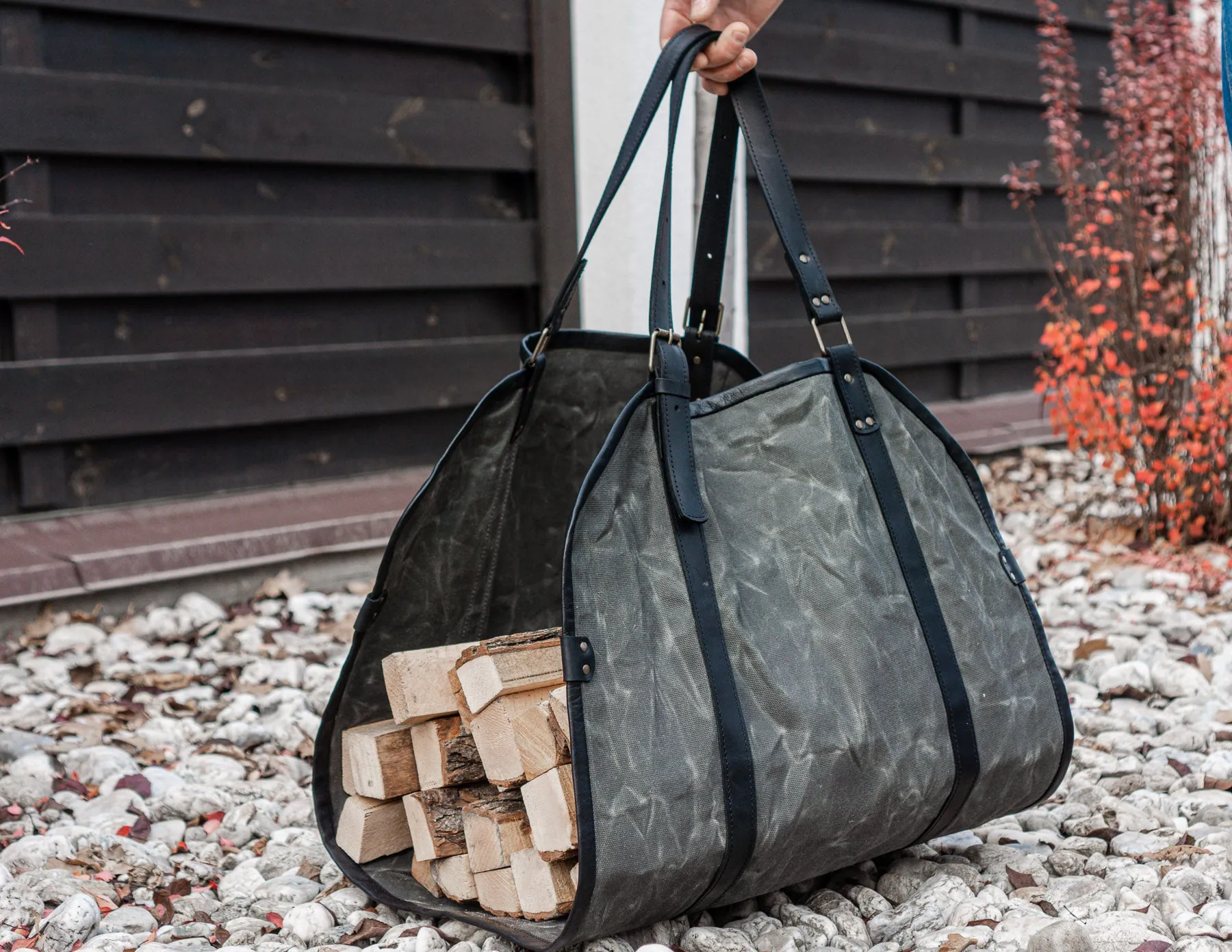 Grey Log Carrier | Waxed Canvas Firewood Carrier | Personalised Gift for men