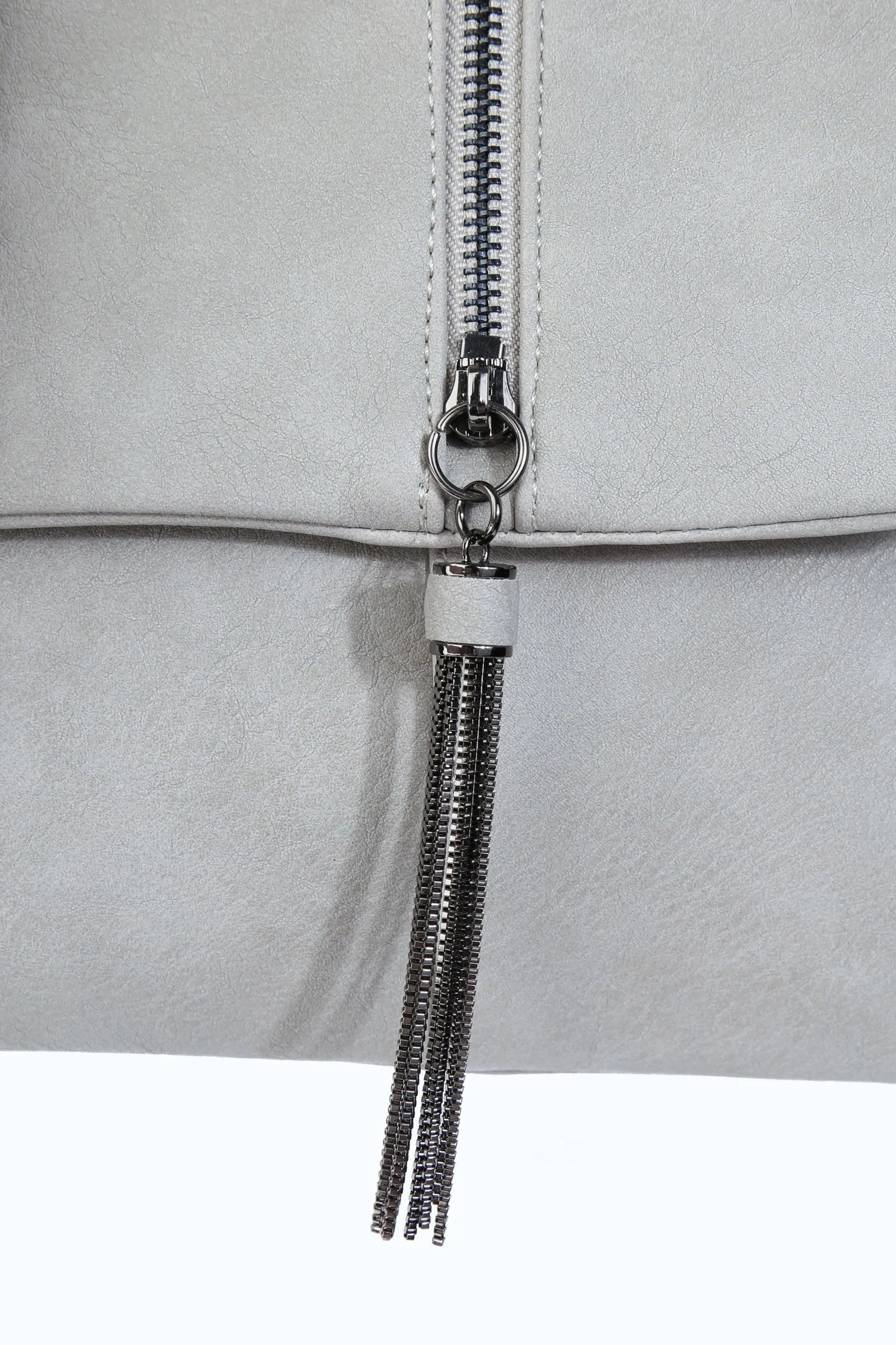 Grey Zip Tassel Flap Over Clutch