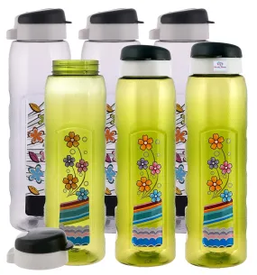 Heart Home Plastic Water Bottle With Sipper- 1 Litre, Pack of 6 (Green & Grey)